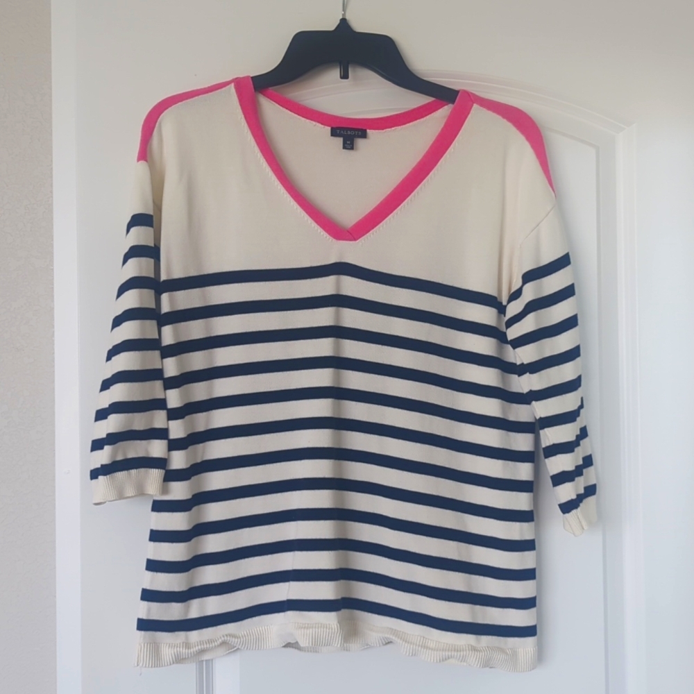 Talbots Midnight Navy and cream striped v neck sweater with pink trim. Size M